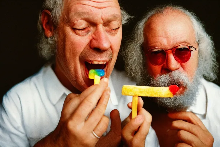 Prompt: A Martin Parr closeup portrait of Socrates eating a popsicle, in the style of Martin Parr The Last Resort, ring flash closeup photograph