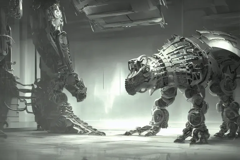 Image similar to robosaurus parallax datacenter server room interior single mono colossus white rusty robot sitting artstation cinematic detailed concept art ultra realistic volumetric light sharp coherent cgsociety symmetric perfect well balanced shadows lotr technogoddess sidwill racks