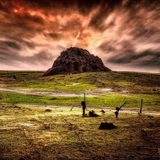 Image similar to war, pyrus victory, loner, battlefield scene, dramatic lighting, ultra hd, hdr, 8 k