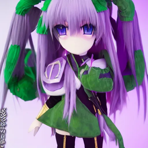 Prompt: cute fumo plush of a knight girl of a royal legion, anime girl with long hair, matcap green and purple metal reflectance, vray