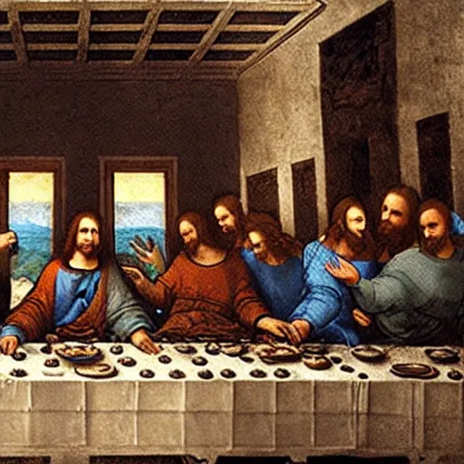 Prompt: Leonardo da Vinci's the last supper with cyberpunk robots