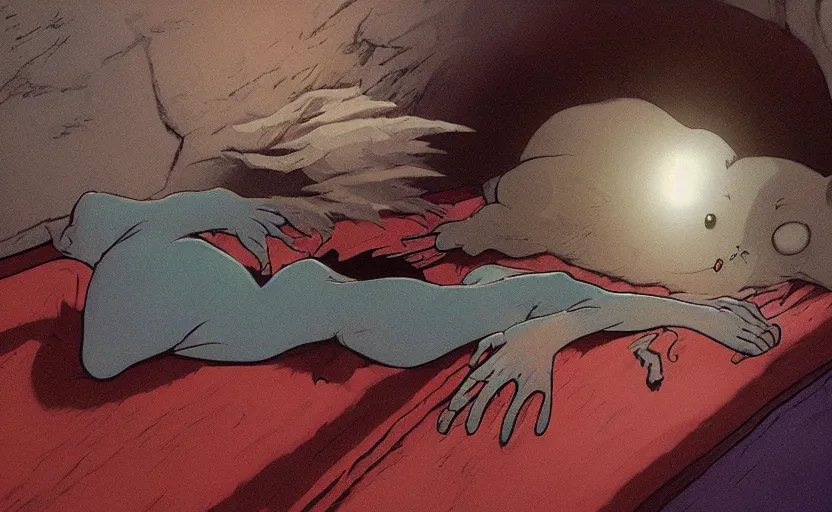 Prompt: the critter awoke from its slumber beneath the bed frame, digital painting masterpiece, haunting beautiful brush strokes, painted by Moebius and Hayao Miyazaki and Akira Toriyama