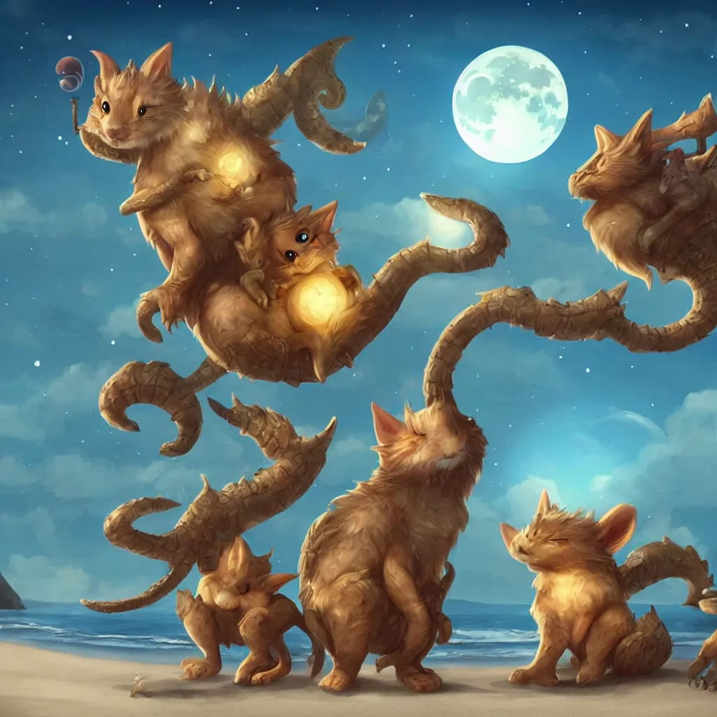 Prompt: cute fantasy critters at a beach looking at the moon, ultra realistic, concept art, highly detailed