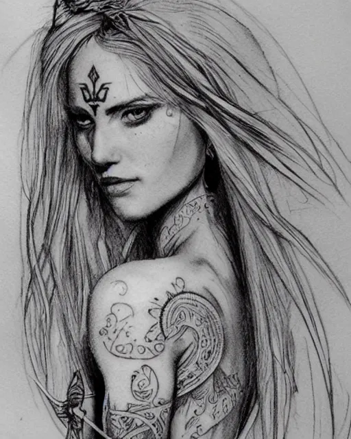 Image similar to tattoo sketch of beautiful greek goddess aphrodite holding a bow and arrow, arrowhead earrings, beautiful piercing eyes, flowing blonde hair, realistic face, hyper realistic, in the style of greg rutkowski, fantasy, amazing detail, epic, intricate, elegant, smooth, sharp focus