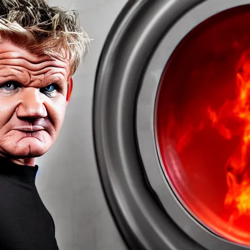 Image similar to angry furious Gordon Ramsay poking his head out of a washing machine and shouting at the camera