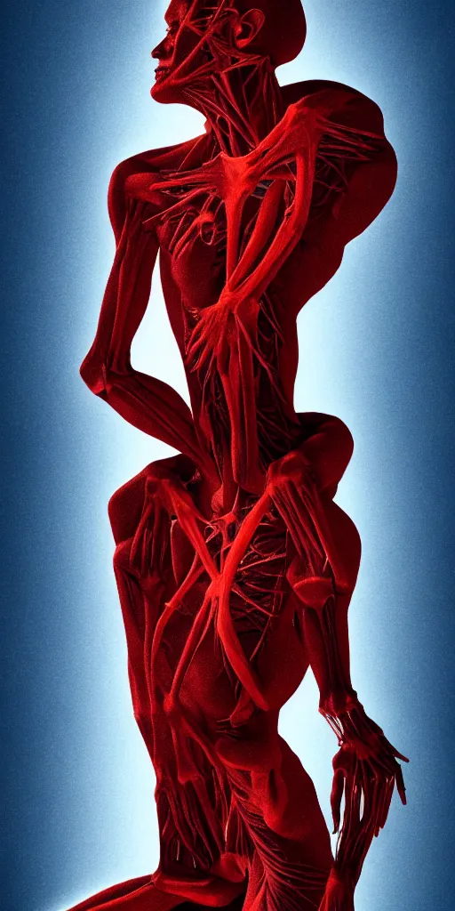 Image similar to poster design, full body anatomical model, 3 d photographic render of a deconstructed asymmetric human anatomical correct human body, in hoc signo vinces, waterfall, in the style of leonora carrington, gottfried helnwein, intricate composition, blue light by caravaggio, insanely quality, highly detailed, masterpiece, red light, artstation