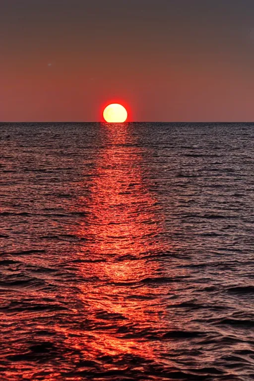 Prompt: red moon reflecting in the sea, night, low angle, realistic photo