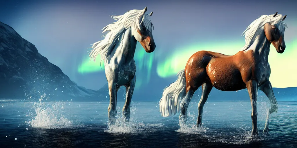 Image similar to beautiful horse made of water, northern lights, night ocean, fjords, moonlit, waves, octane render, artstation, HDR