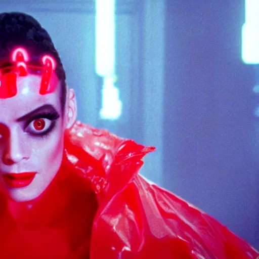 Image similar to cinematic portrait of a runaway bride of frankenstein replicant with bright make up and a red translucent plastic raincoat in an empty room, still from the movie bladerunner, fashion photography, a neon sign is in the background