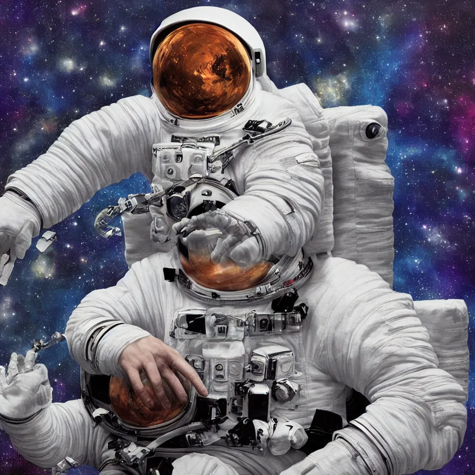 Image similar to an astronaut with headphone playing keyboard in the space, digital painting, digital art, illustrated by alex ross