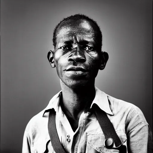 Prompt: black and white photo, high key portrait of congo mineworker against white background by richard avedon, realistic, Leica, medium format, cinematic lighting, parallax, high resolution,