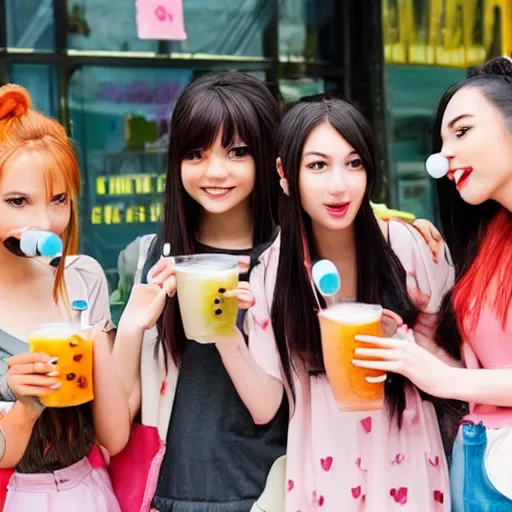 Image similar to Cute anime girls drinking bubble tea, 2021