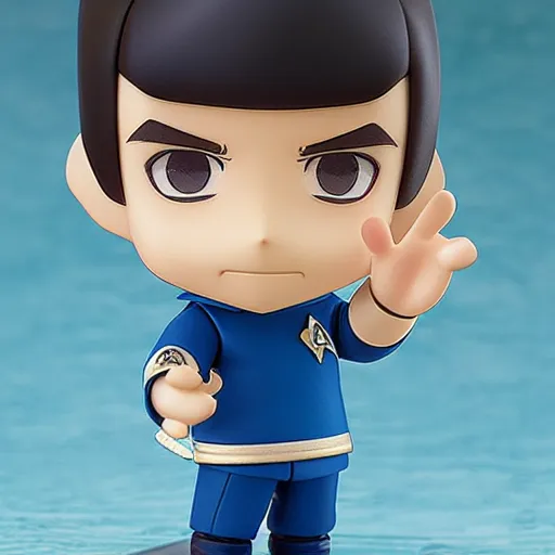 Image similar to spock from the tv series star trek as an anime nendoroid, doing his signatory handsign, serious look, pointed ears, spock haircut, starfleet uniform, detailed product photo