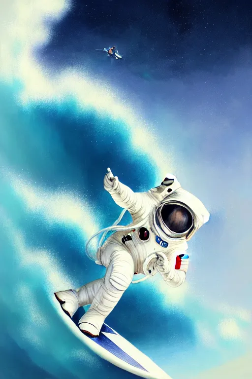 Image similar to a beautiful digital painting of an astronaut in a white space suit surfing the great wave on a surfboard by greg rutkowski, photorealistic, trending on artstation, octane render