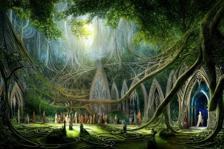 Prompt: a beautiful and highly detailed digital painting of an elven cathedral in a mystical forest, lothlorien, rivendell, mirkwood, celtic designs, intricate details, epic scale, hyperdetailed, hyperrealism,, artstation, cgsociety, 8 k, sharp focus, by caspar friedrich, james gurney, zeen chin, brian froud,