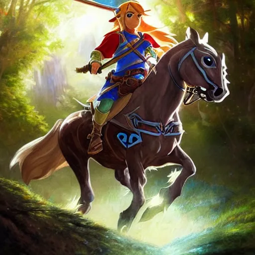 Prompt: Link from Ocarina of Time, riding a majestic horse through The lost woods of Hyrule, D&D, fantasy, intricate, elegant, highly detailed, digital painting, artstation, concept art, matte, sharp focus, illustration, art by Artgerm and Greg Rutkowski and Alphonse Mucha