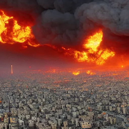 Prompt: realistic photograph of tehran in apocalyptic flames
