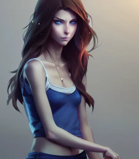 Prompt: drawing of a woman with blue eyes, brown hair and a perfect body, wearing clothes, character design by charlie bowater, ross tran, artgerm, and makoto shinkai, detailed, soft lighting, rendered in octane