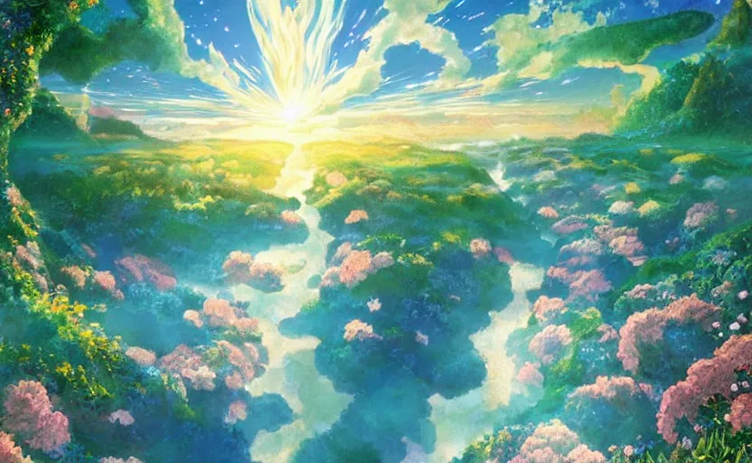 Image similar to A painting named A river of light that leads to God in colaboration with Studio Ghibli,