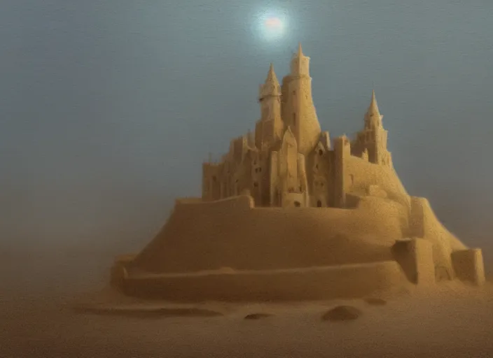 Prompt: a sand castle in a foggy desert, by jean delville and sophie anderson and mandy jurgens, moody atmosphere, cinematic atmospheric, cinematic lighting, golden ratio, perfect composition, elegant, no crop, extremely detailed, 4 k, hd, sharp focus, masterpiece, trending on artstation