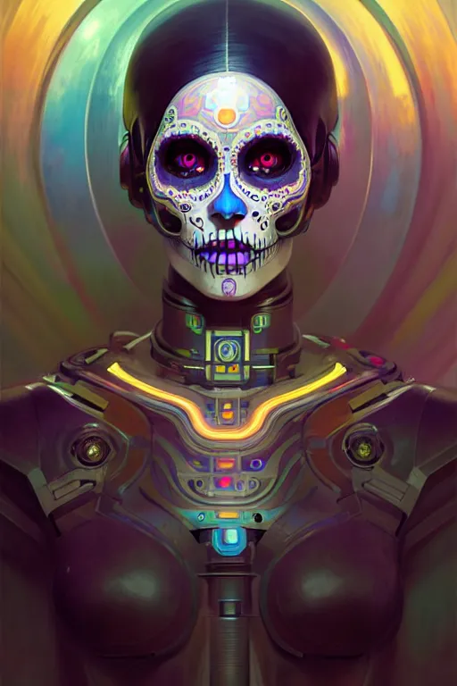 Prompt: ultra detailed, portrait of a female android, sci - fi, triadic color scheme, moody, calm, ( dia de los muertos ), asymmetrical, intricate concept art, art by godmachine and michael welan and dzo and greg rutkowski and alphonse mucha and loish and wlop