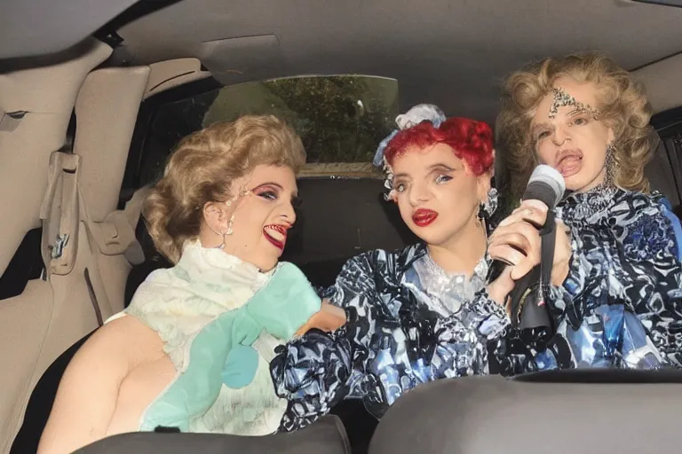 Image similar to lady gaga and judy garland doing carpool karaoke, lady gaga and judy garland, carpool karaoke, lady gaga, judy garland, carpool karaoke, youtube video screenshot, the late late show with james corden