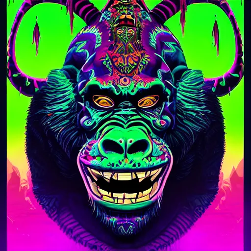 Image similar to barong family member, wiwek, mara demon, one single tribe member, jungle, one single mask, dark, ancient warrior, gorilla, lizard, tribal, fists visible, colors pink violet green yellow, inner glow, art by dan mumford and justin gerard