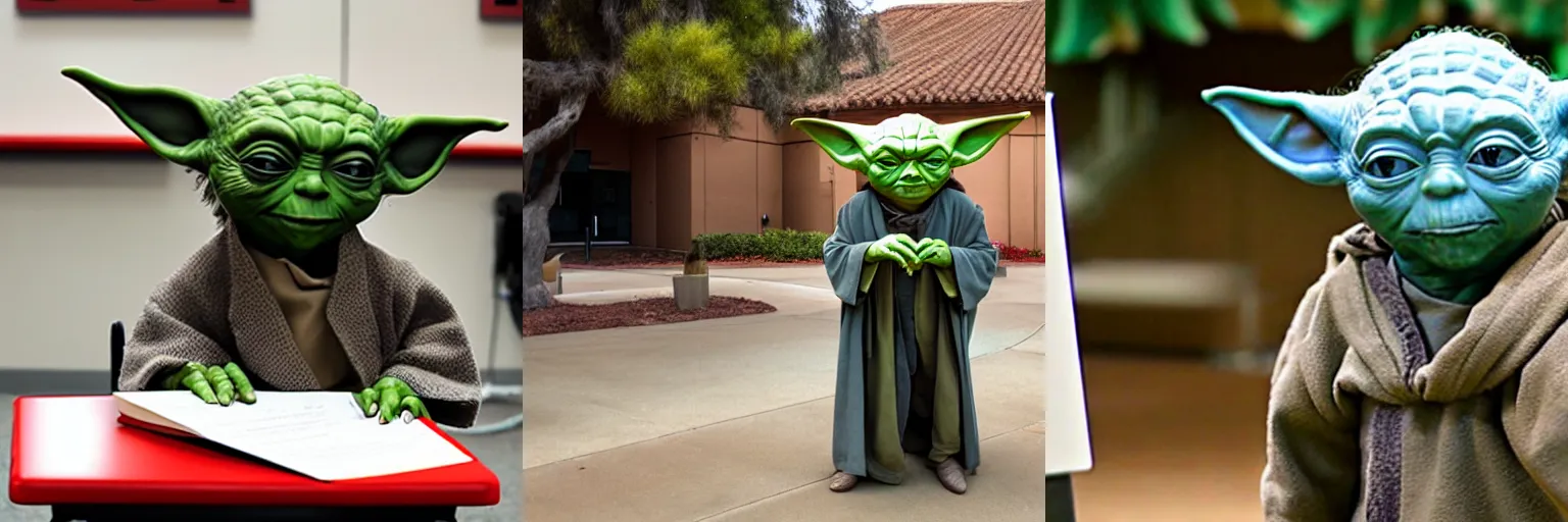 Prompt: Yoda taking a final test at San Diego State University