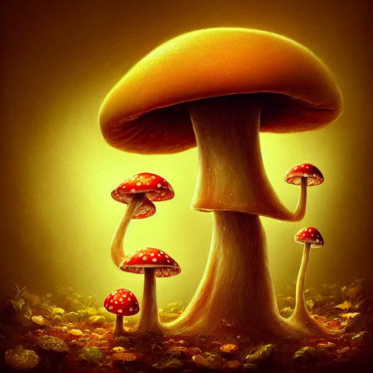 Image similar to epic professional digital art of cheerful mushroom, golden atmospheric lighting, painted, intricate, detailed, cheerful, fun, exciting, by leesha hannigan, wayne haag, reyna rochin, ignacio fernandez rios, mark ryden, iris van herpen,, epic, stunning, gorgeous, much wow, cinematic, masterpiece.