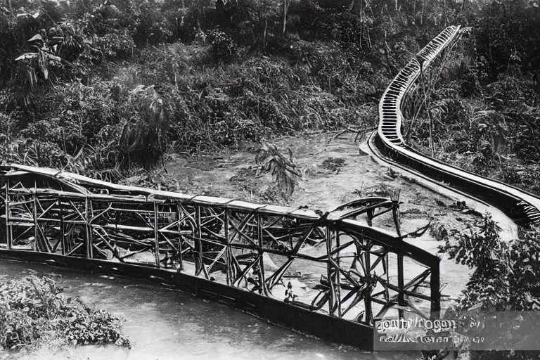 Prompt: a 1 9 0 5 colonial closeup photograph of a rollercoaster in a village at the river bank of congo, thick jungle, scary, evil looking, wide angle shot