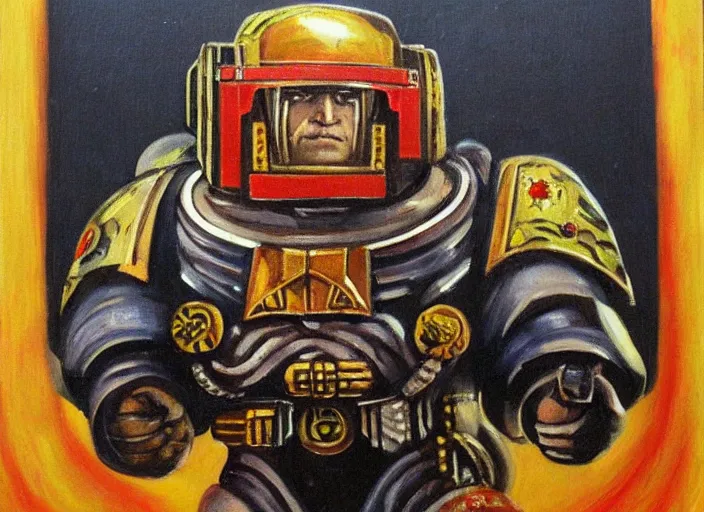 Image similar to Art Deco painting portrait of space-marine high detail warhammer 40k