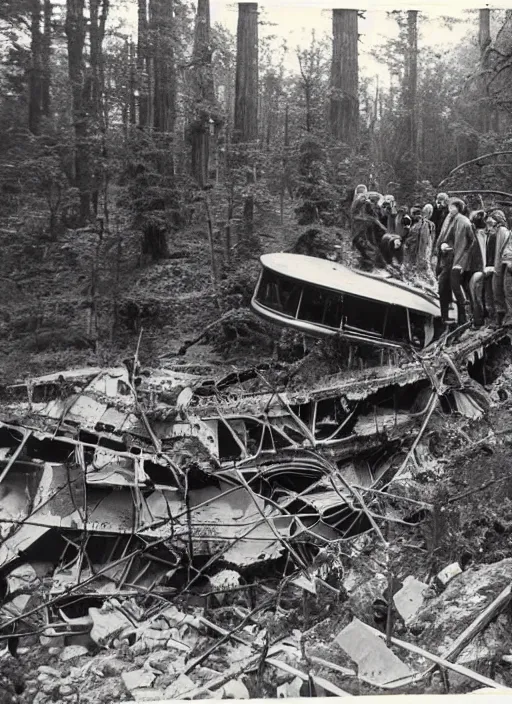 Prompt: vintage photograph of advanced crashed vessel in the forest with people inspecting the rubble