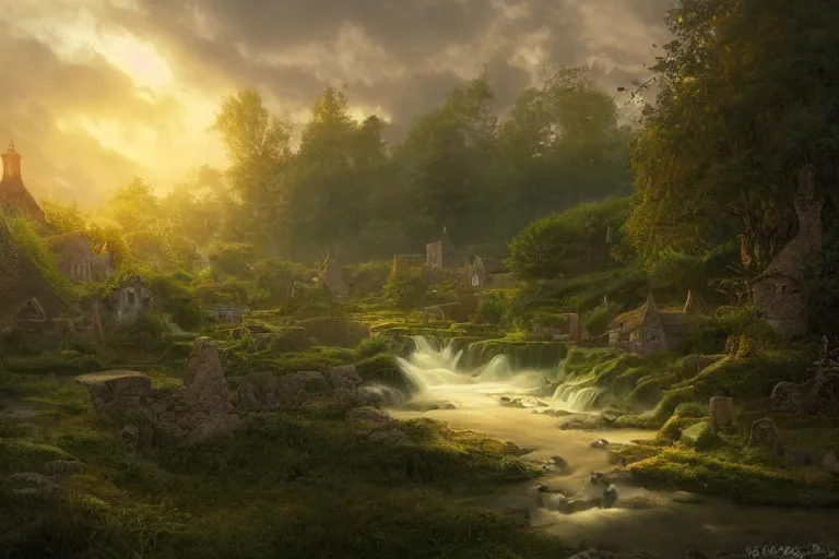 Image similar to a medieval celtic village with a stream in a forested valley, sunset with ominous shadows by jessica rossier and brian froud cinematic painting
