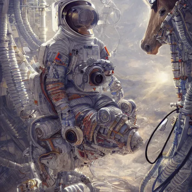 Prompt: astronaut crawling on knees with a horse on top, industrial sci - fi, by mandy jurgens, ernst haeckel, james jean