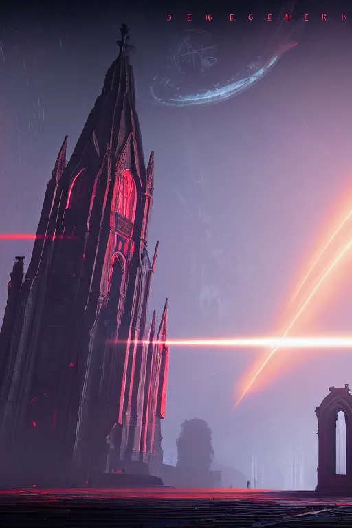 Image similar to symmetrical, centered composition, ancient church with red shafts of light in destiny 2, foggy, liminal, dark, dystopian, beautiful architecture, abandoned, highly detailed 4 k destiny 2 expansion key art wallpaper