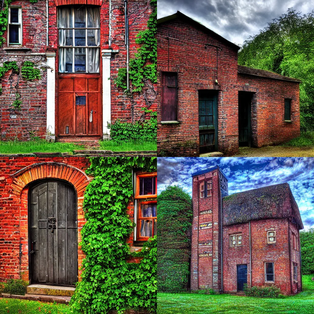 Prompt: an old brick house with a wooden door, a jigsaw puzzle by george lambourn, featured on cg society, arts and crafts movement, high dynamic range, made of vines, hdr