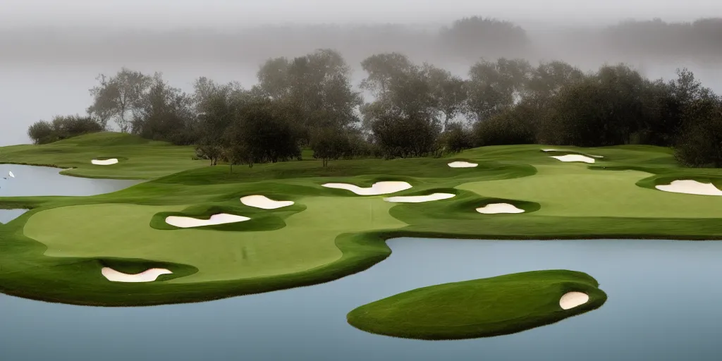 Image similar to a great photograph of the most amazing golf hole in the world completely surrounded by water, calm water, perfect light, ambient light, miniature, tilt shift, 5 0 mm, golf digest, top 1 0 0, fog