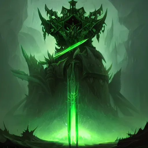 Image similar to The blade of the ruined king, digital illustration, ethereal, the void, ominous green background, very detailed, stylized, concept art, trending on artstation, high definition, by Riot Games, League of legends