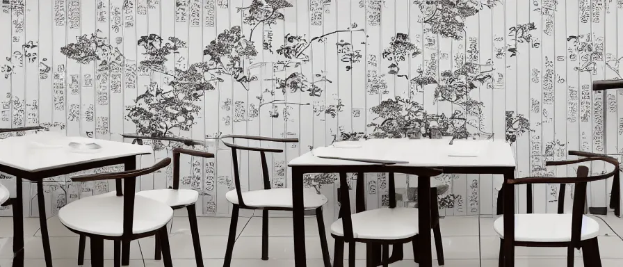 Prompt: a beautiful simple interior 4 k hd wallpaper illustration of small roasted string hotpot restaurant restaurant pagoda hill, wall corner, from china, hill wall and white tile floor, rectangle white porcelain table, black chair, fine simple delicate structure, chinese style, simple style structure decoration design, victo ngai, 4 k hd