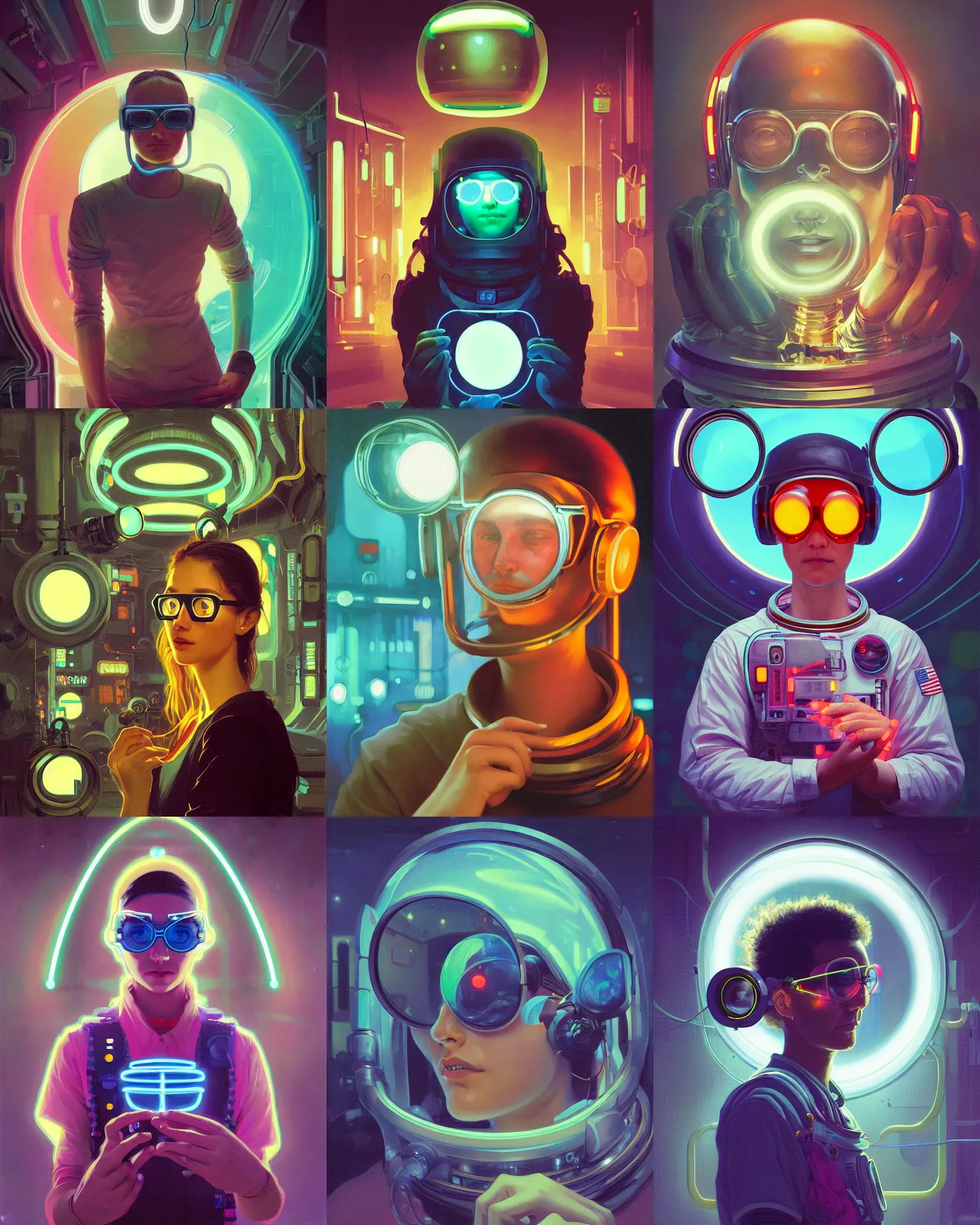 Prompt: future coder looking on, round glowing glasses and neon lights, rim lighting, desaturated headshot portrait painting by dean cornwall, ilya repin, rhads, tom whalen, alex grey, alphonse mucha, donoto giancola, astronaut cyberpunk electric fashion photography