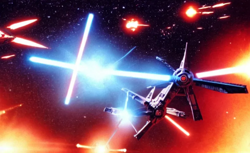 Image similar to iconic cinematic screen shot of scene x wing space battle against new tie fighter desing, from the action packed scene from the 1 9 7 0 s star wars sci fi film by stanley kubrick, glowing lasers, kodak film stock, anamorphic lenses 2 4 mm, lens flare, iconic cinematography, award winning