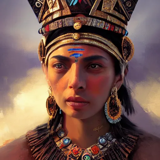 Prompt: Aztec queen, gorgeous, close-up portrait, intricate, elegant, volumetric lighting, scenery, digital painting, highly detailed, artstation, sharp focus, illustration, concept art, ruan jia, steve mccurry