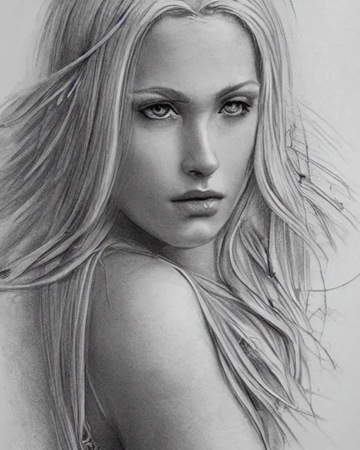 Prompt: tattoo sketch of beautiful greek goddess aphrodite, bow and arrow, beautiful piercing eyes, flowing blonde hair, realistic face, hyper realistic, in the style of greg rutkowski, fantasy, amazing detail, epic, intricate, elegant, smooth, sharp focus