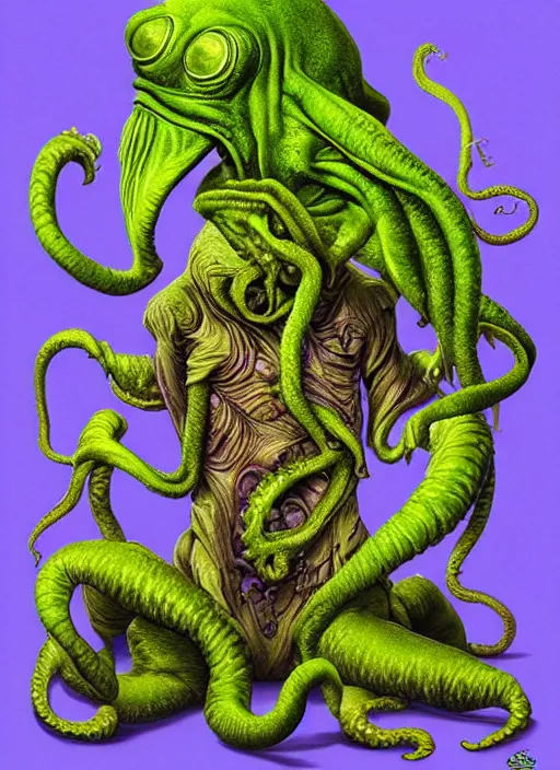 Prompt: portrait of a Cthulhu kermit the frog in Society (1989), intricate, highly detailed, centered, gradient background, digital painting, artstation, concept art, smooth, sharp focus, illustration, artgerm, donato giancola, Joseph Christian Leyendecker, WLOP, Artgerm