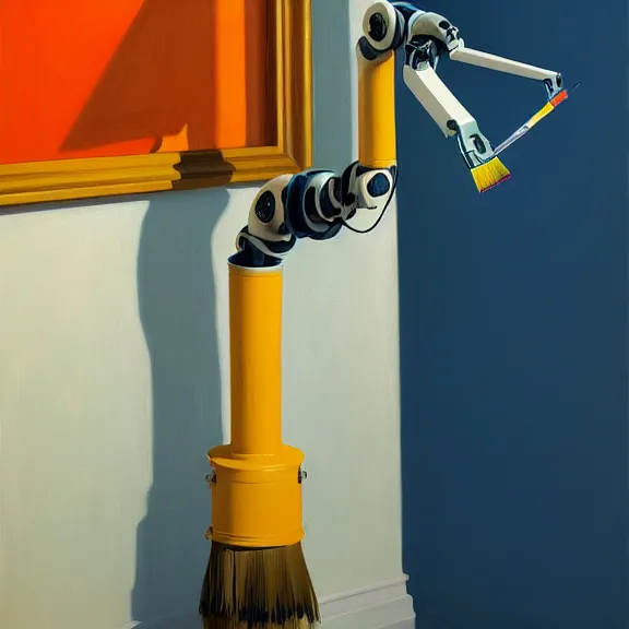 Image similar to beautiful illustration of a robotic arm holding a paintbrush in front of a canvas by Edward Hopper, clean lines, very detailed, colorful octane render