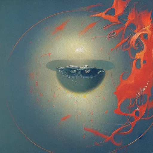 Image similar to a sphere being devoured by abstract splatters of paint in the style of francis bacon, venus being engulfed in flames in the style of james jean, surreal, beksinski, high detailed