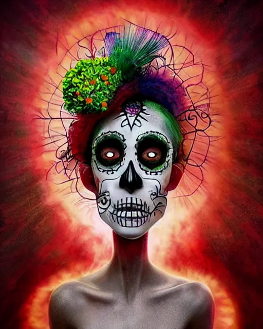 Image similar to dia de los muertos theme surrealist art in the styles of igor morski, jim warren, and aida muluneh, intricate, hyperrealistic, accurate facial details, profile picture with chromakey!!!!! background, volumetric lighting