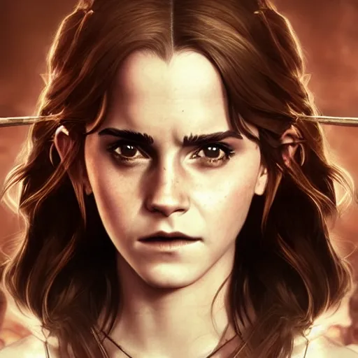 Prompt: emma watson as conan the barbarian cg animation, capcom, realistic, character select portrait, by artgerm, greg rutkowski, alphonse mucha, 3 d