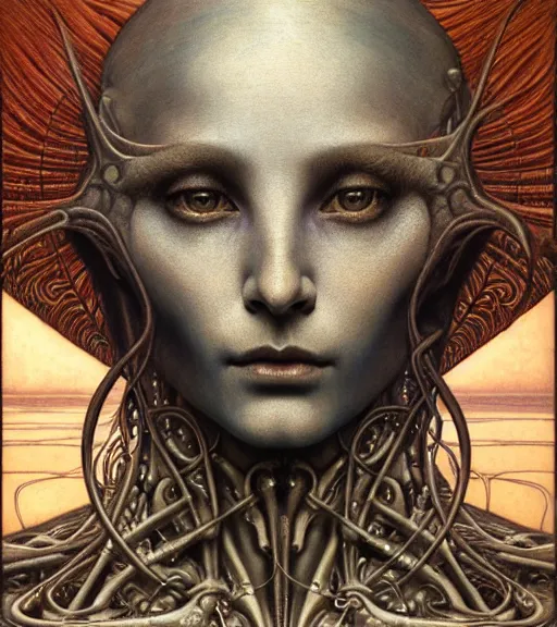 Image similar to detailed realistic beautiful young alien robot as queen of mars face portrait by jean delville, gustave dore and marco mazzoni, art nouveau, symbolist, visionary, gothic, pre - raphaelite. horizontal symmetry by zdzisław beksinski, iris van herpen, raymond swanland and alphonse mucha. highly detailed, hyper - real, beautiful