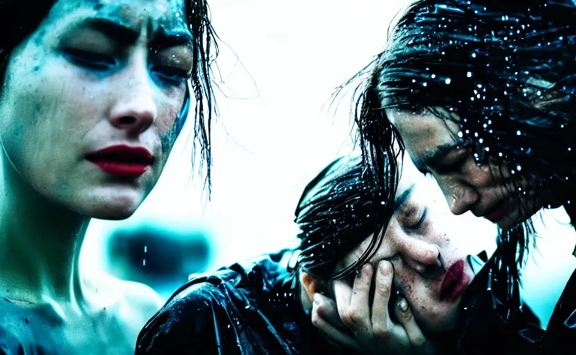 Image similar to cinestill 5 0 d candid photographic portrait by christopher nolan of two loving female androids sobbing wearing rugged black mesh techwear in treacherous waters, extreme closeup, modern cyberpunk moody emotional cinematic, pouring iridescent rain bright spotlight, 8 k, hd, high resolution, 3 5 mm, f / 3 2, ultra realistic faces, ex machina